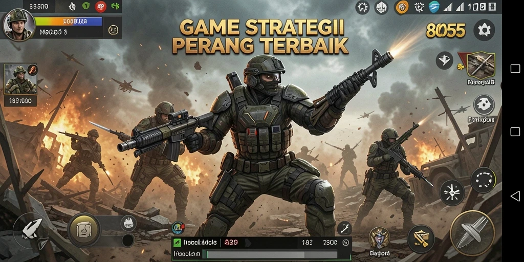 Screenshot utama dari gameplay 8055 yang menampilkan strategi pertempuran.