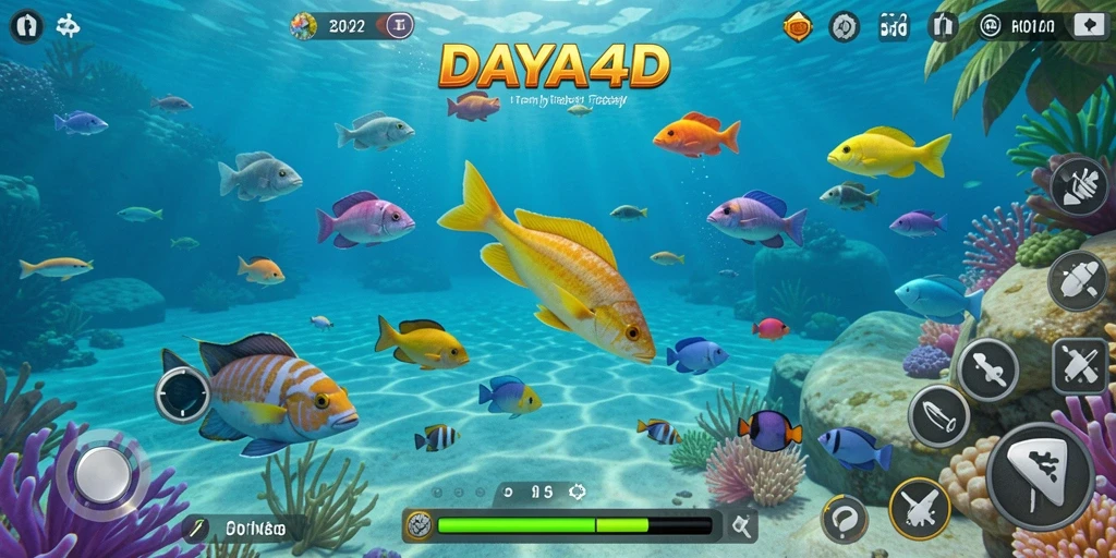 Screenshot dari gameplay seru DAYA4D dengan ikan berwarna-warni.