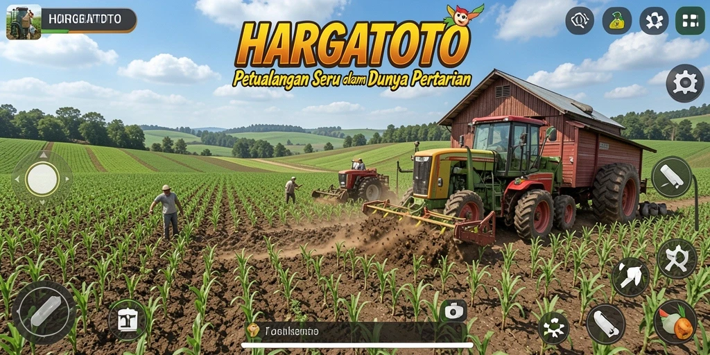 Screenshot gameplay HARGATOTO menampilkan suasana pertanian yang indah.