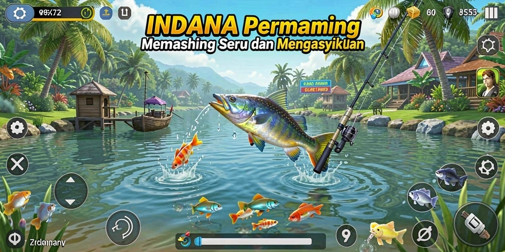Tampilan permainan INDAAA dengan berbagai aktivitas memancing.