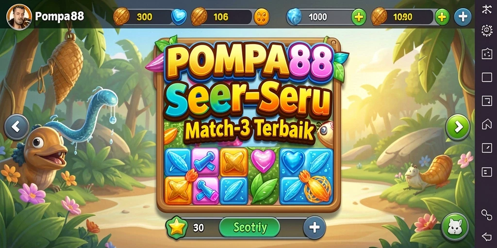 Screenshot POMPA88 menampilkan gameplay seru dengan elemen match-3 yang berwarna-warni.