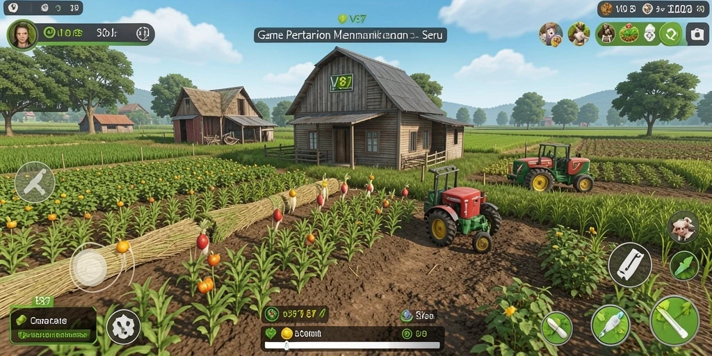 Screenshot menunjukkan gameplay pertanian yang seru dan interaktif.