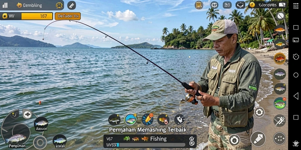 Tampilan gameplay W67 yang menampilkan aksi memancing seru.